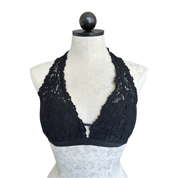 Aerie Lace Halter Bralette Lined Black Wireless Hook & Eye Close Size Large - Picture 1 of 13